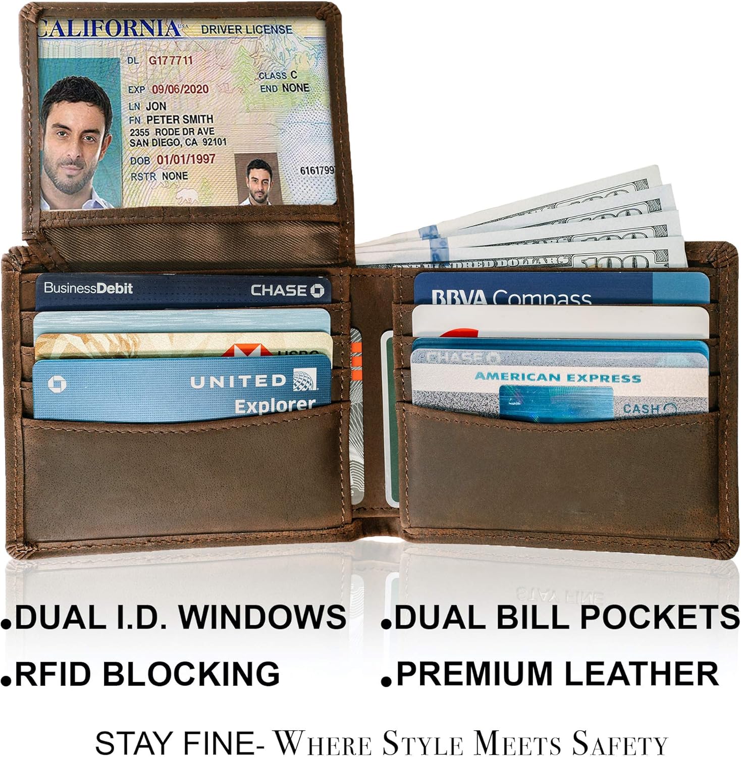 Top Grain Leather Wallet for Men | Ultra Strong Stitching | Handcrafted Argentinian Leather | RFID Blocking | Extra Capacity Bifold Wallet with 2 ID Windows | Slim Billfold with 10 Card Slots | Perfect Gift for Him