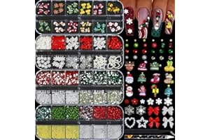 HNUIX Christmas Nail Charms - 3D Bow Nail Charms, Pearls, Red & Green Nail Rhinestones, Santa, Snowman, White Snowflake, Metal Caviar Beads, with Kit, for Nail Art, Gift