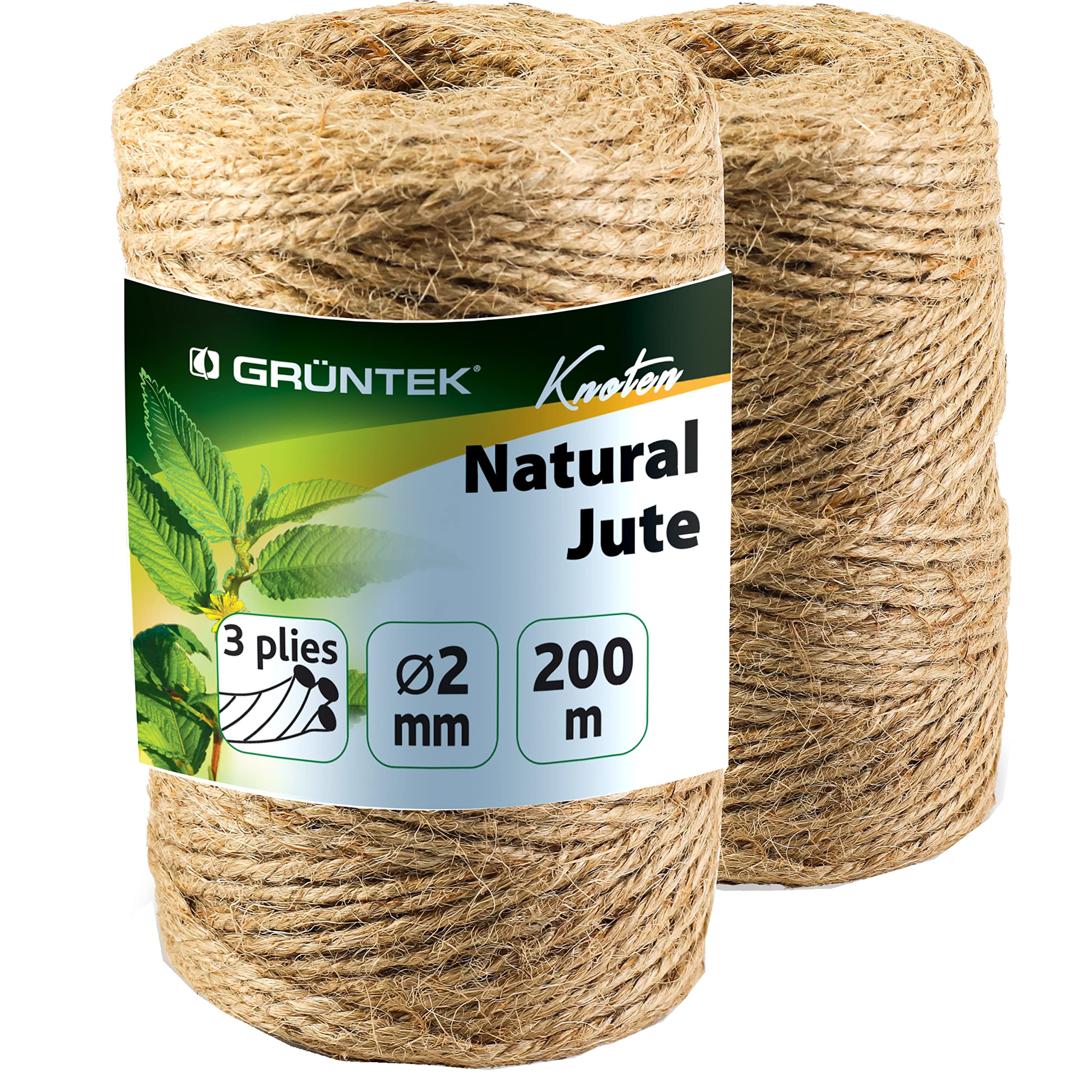 GRÜNTEK 2 x 100m (656ft.) Jute Twine, 3 Ply Roll, 2mm, Jute Strings, Jute Rope, 100% natural, Jute Yarn, for DIY Arts & Crafts, Decoration, Bundling, Garden