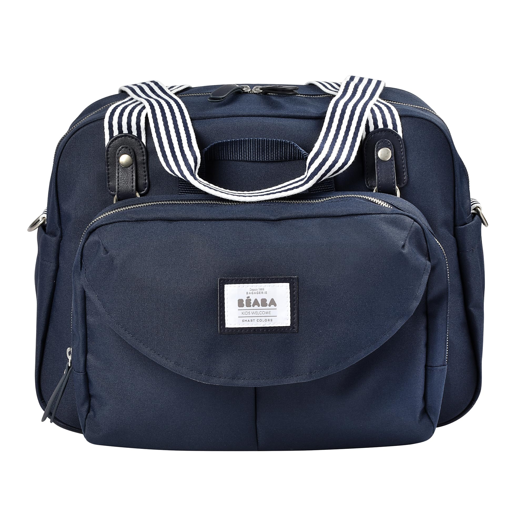 BÉABA - Genève II Changing Bag - Versatile, Large Capacity, Multiple Storage Compartments - Removable Front Pocket, Changing Pad - Isothermal Lunch Pouch, Buggy Attachment System - Dark Blue