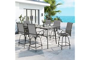 MFSTUDIO Patio Bar Set of 7, Outdoor Bar Height Table and Chairs, 1 x Heavy Duty Metal Slat High Top Bar Table with 6 x Swivel Outdoor Bar Stool, Grey