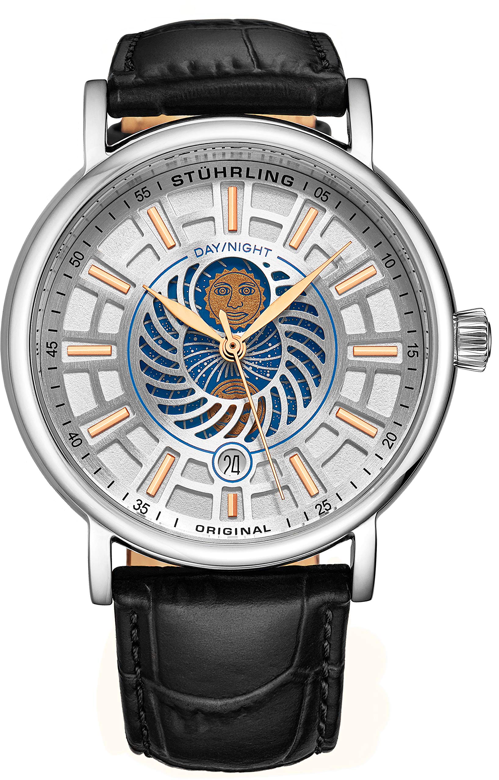 Stuhrling Original Mens Day/Night Dress Watch - Stainless Steel Case and Leather Band - Analog Dial with Date and Day/Night Complication Duet Mens Watches Collection (Silver)