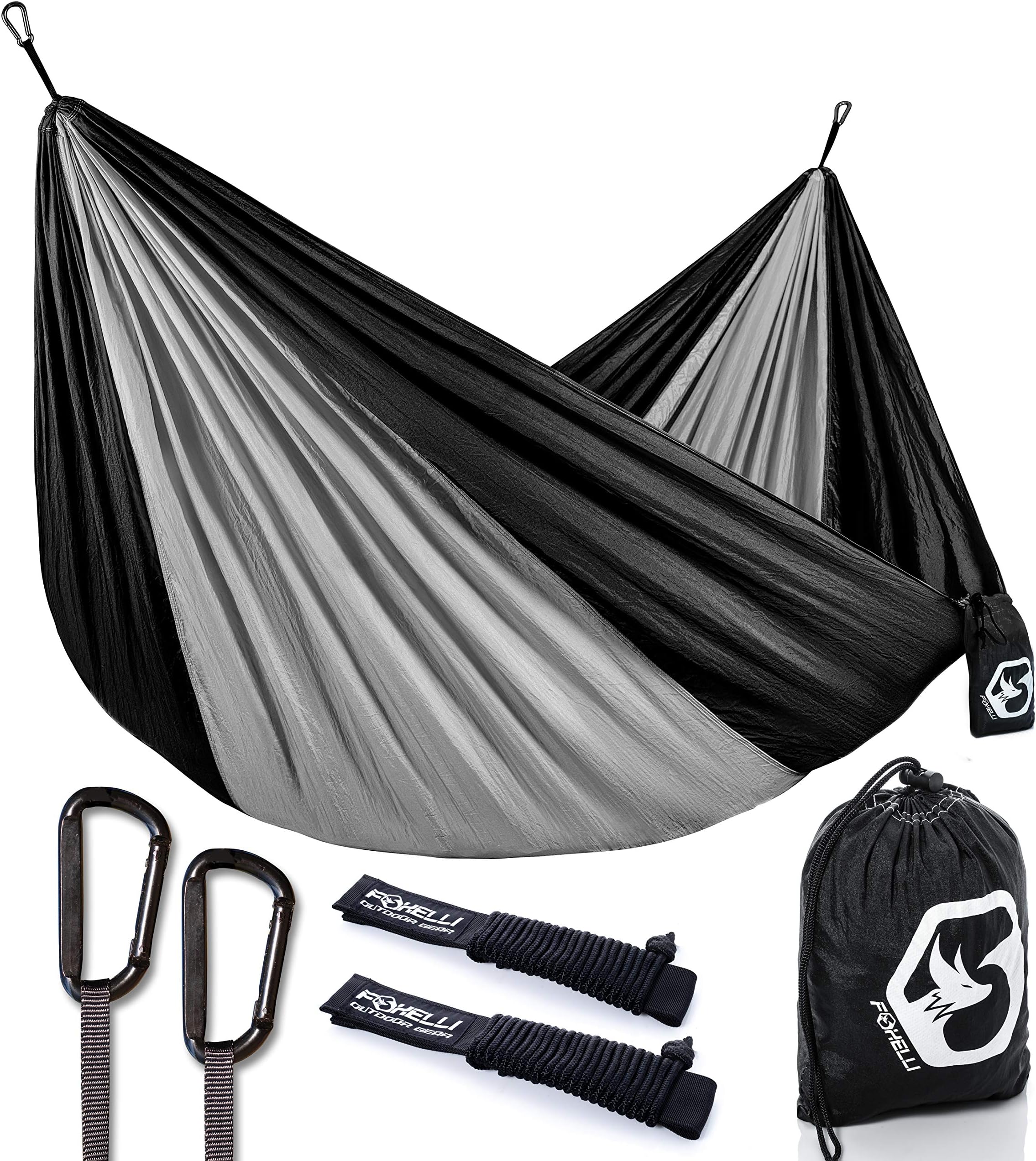 Foxelli Camping Hammock – Lightweight Parachute Nylon Portable Hammock with Tree Ropes and Carabiners, Perfect for Outdoors, Backpacking, Hiking, Camping, Travel, Beach, Backyard & Garden