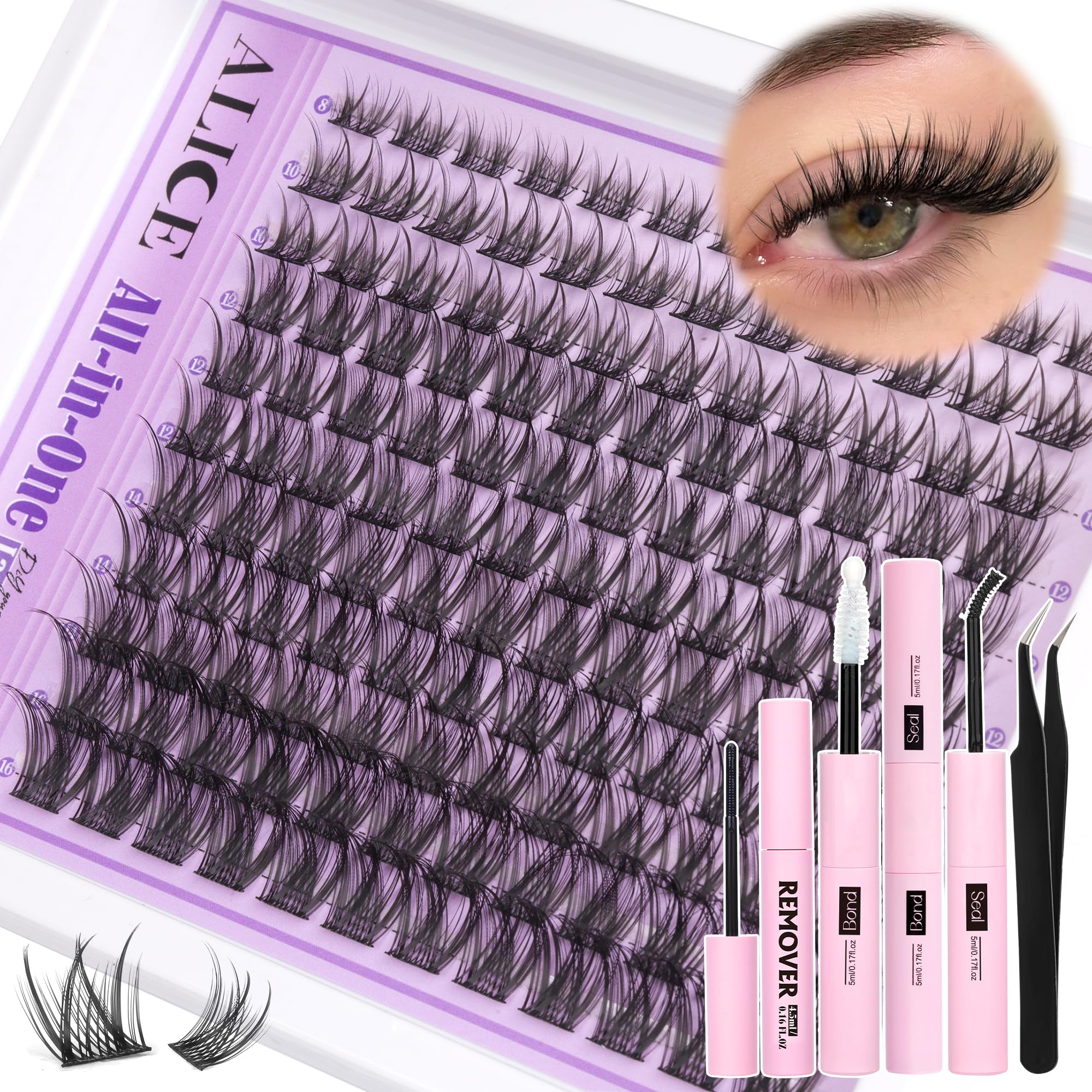 Photo 1 of Wispy Lash Clusters Kit Natural Lash Extensions Kit DIY Cluster Eyelash Extensions C-Curly 8-16mm Individual Lashes Kit with Lash Remover Black Bond and Seal Soft Thin Band by ALICE