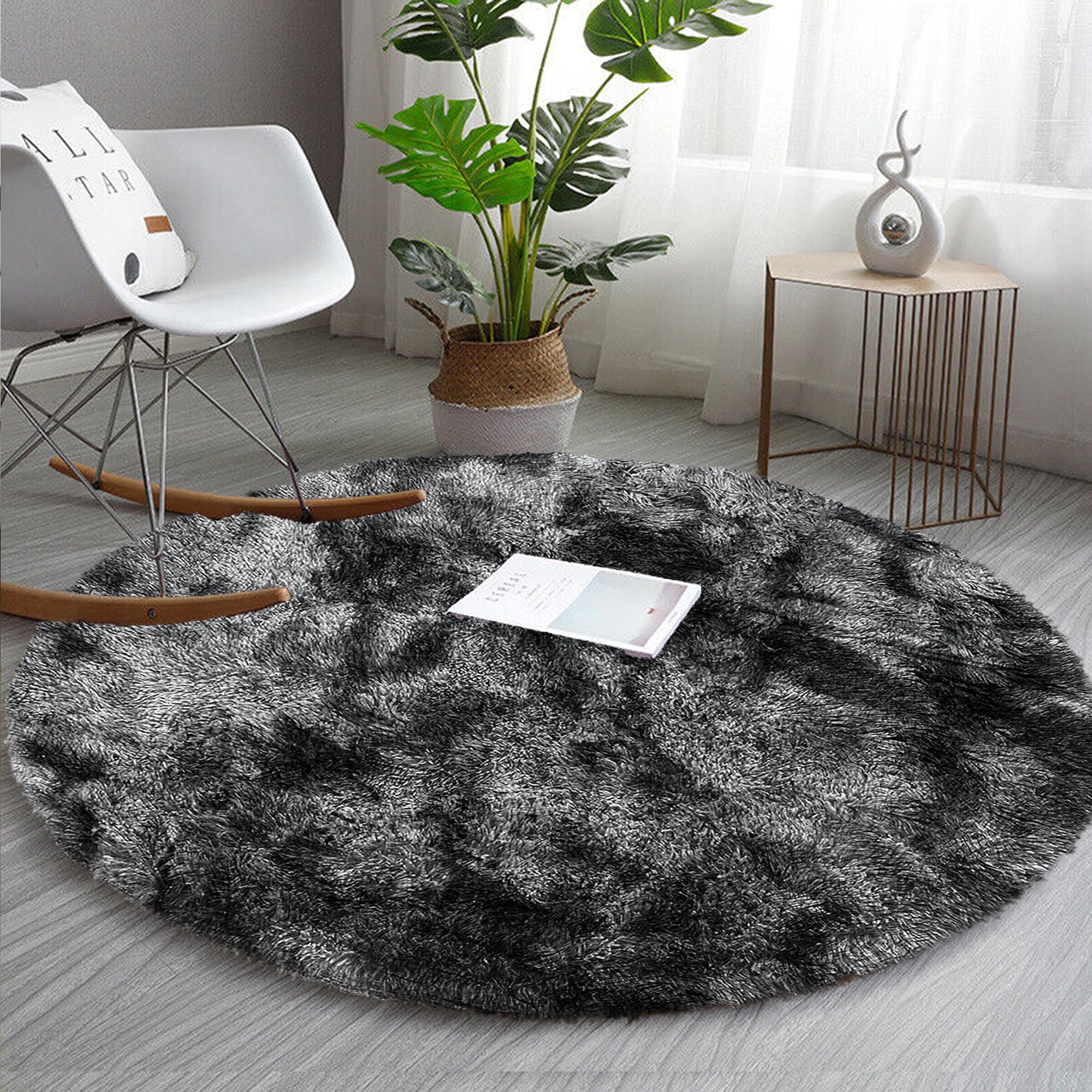 AMEHA Round Shaggy Rug 120x120 cm Tie Dye Dark Grey Fluffy Soft Non Slip Circle Area Rugs for Bedroom, Modern Carpet for Nursery Kids Room Non-Shedding