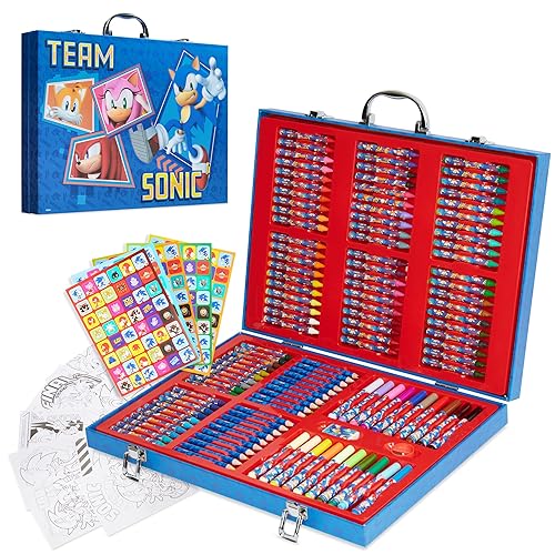 SONIC THE HEDGEHOG Art Set for Kids Art Supplies Colouring Pens Colouring Pencils Crayons Stickers 137 Pcs Gifts for Boys