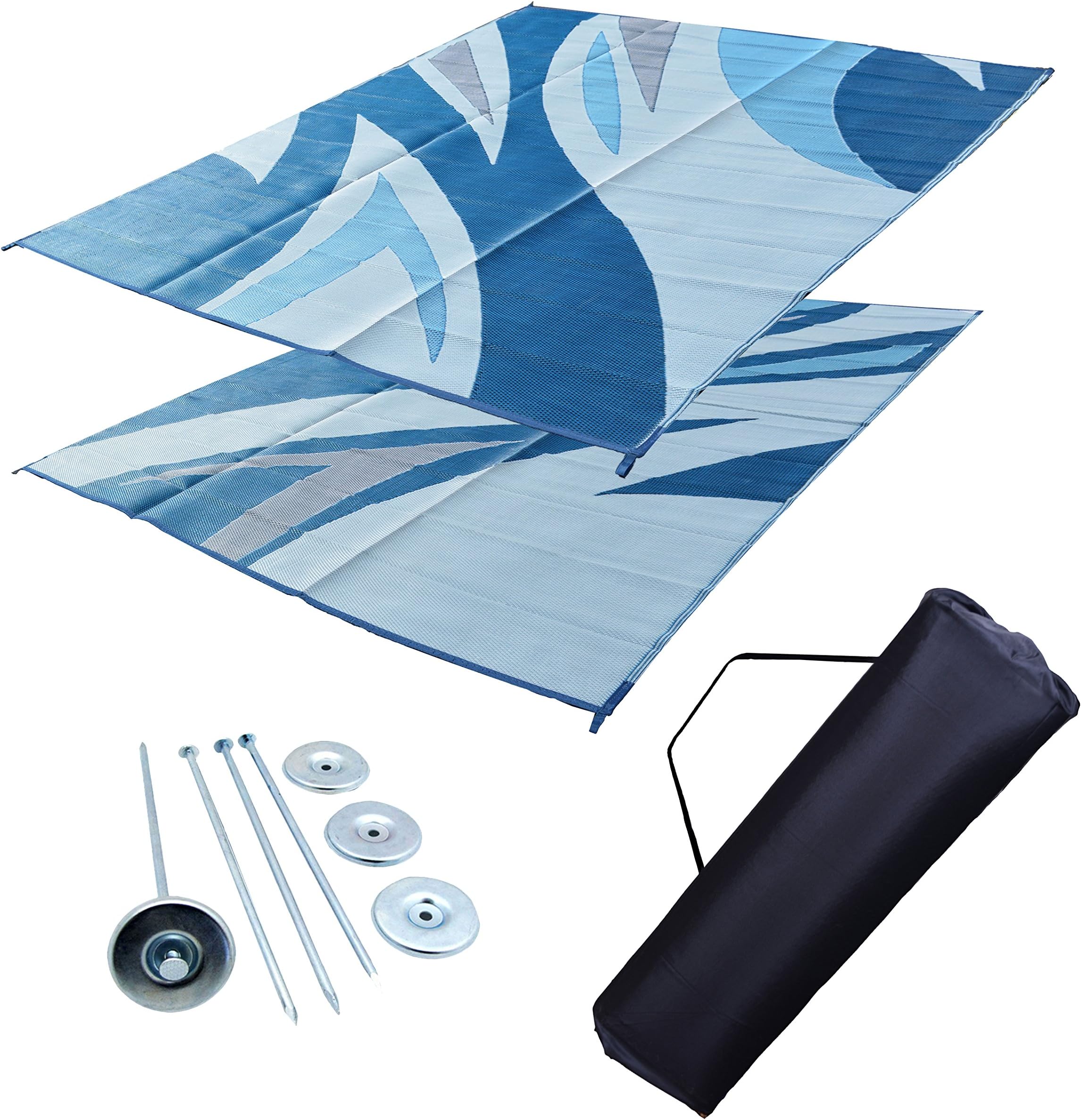 EZ Travel Mats RV Awning Mat Reversible Patio Mat Blue Wave Mat Kit (9' x 18')