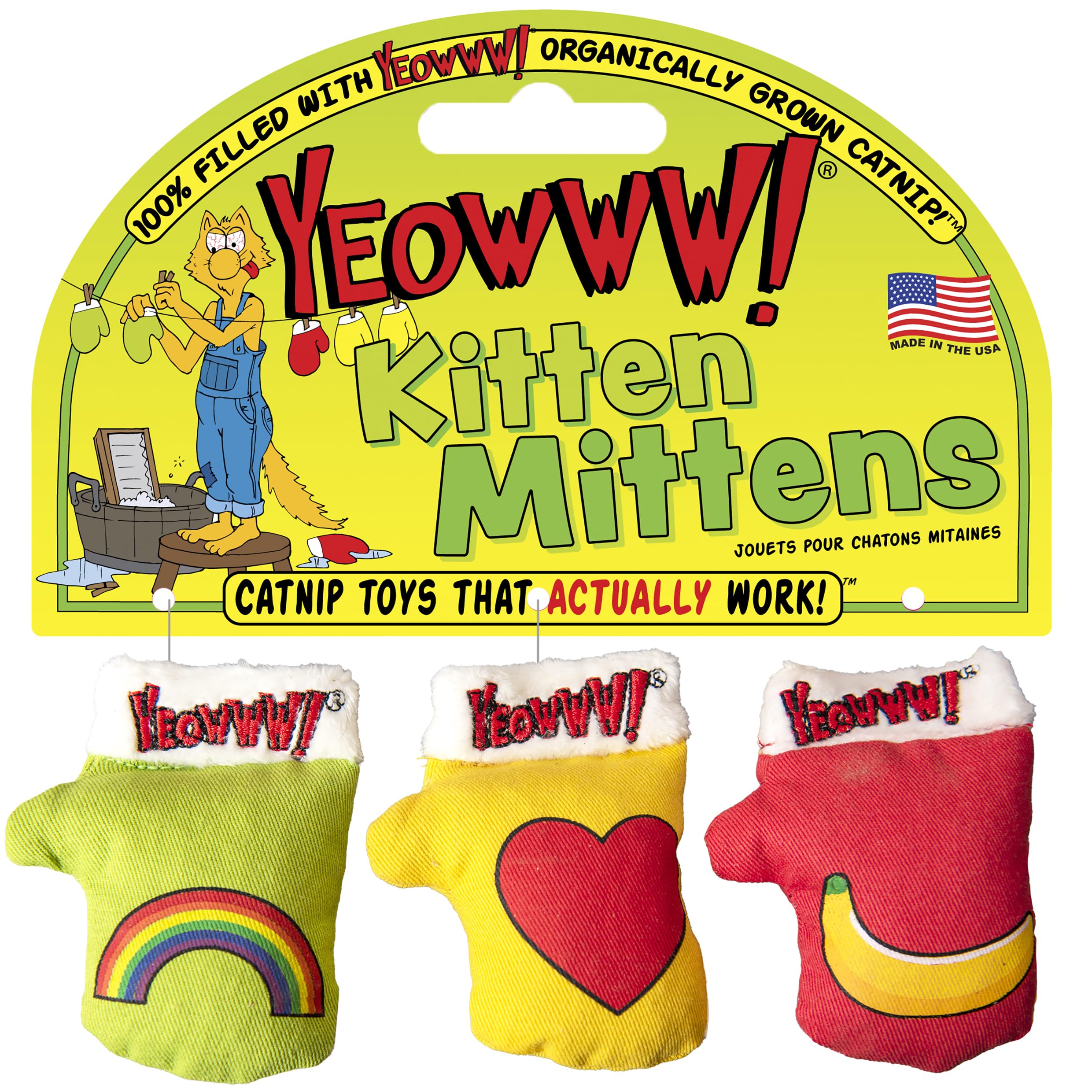 Yeowww 3 Kitten Mittens, Catnip Toys for Cats 3PC, Organic Catnip, Multi Colour Cat Toys