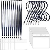 100Pcs Clear Plastic Horizontal Name Tags Badge ID Card Holders and 100Pcs Lanyards with Clip (Navy Blue)
