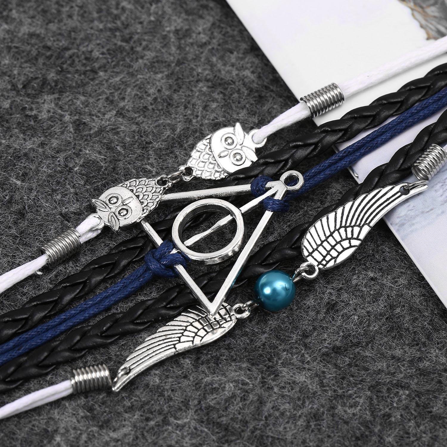 GuGio Charm Bracelet Deathly Hallows Angel Wings Owl Adjustable Wristband for Men Women