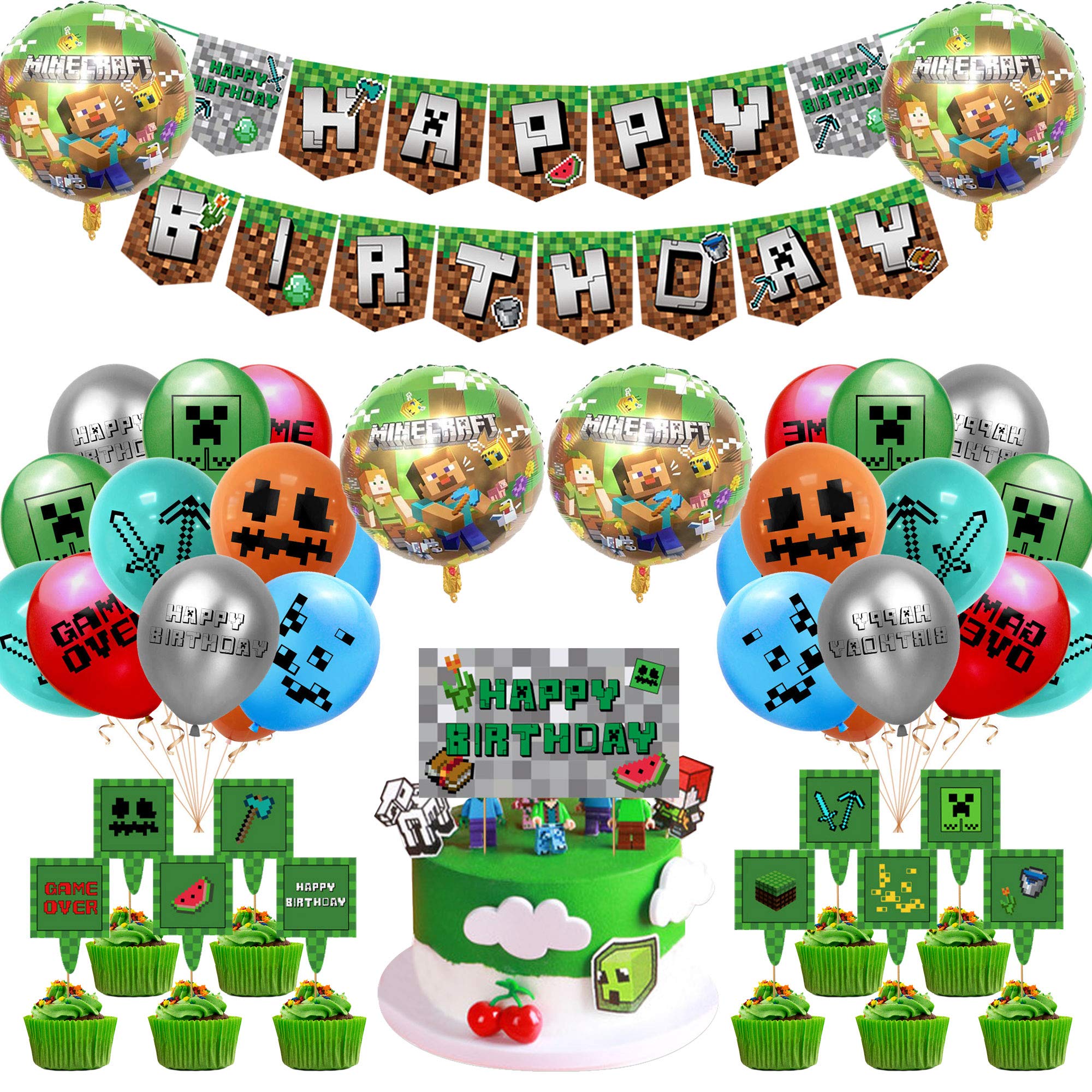 Pixel Style Birthday Party Supplies, 42 Pcs Pixel Game Party Decoration includes Happy Birthday Banner, Pixel Game Balloons, Cupcake Toppers, Cupcake Toppers, Ribbons for Minecraft Gamer Party Favors
