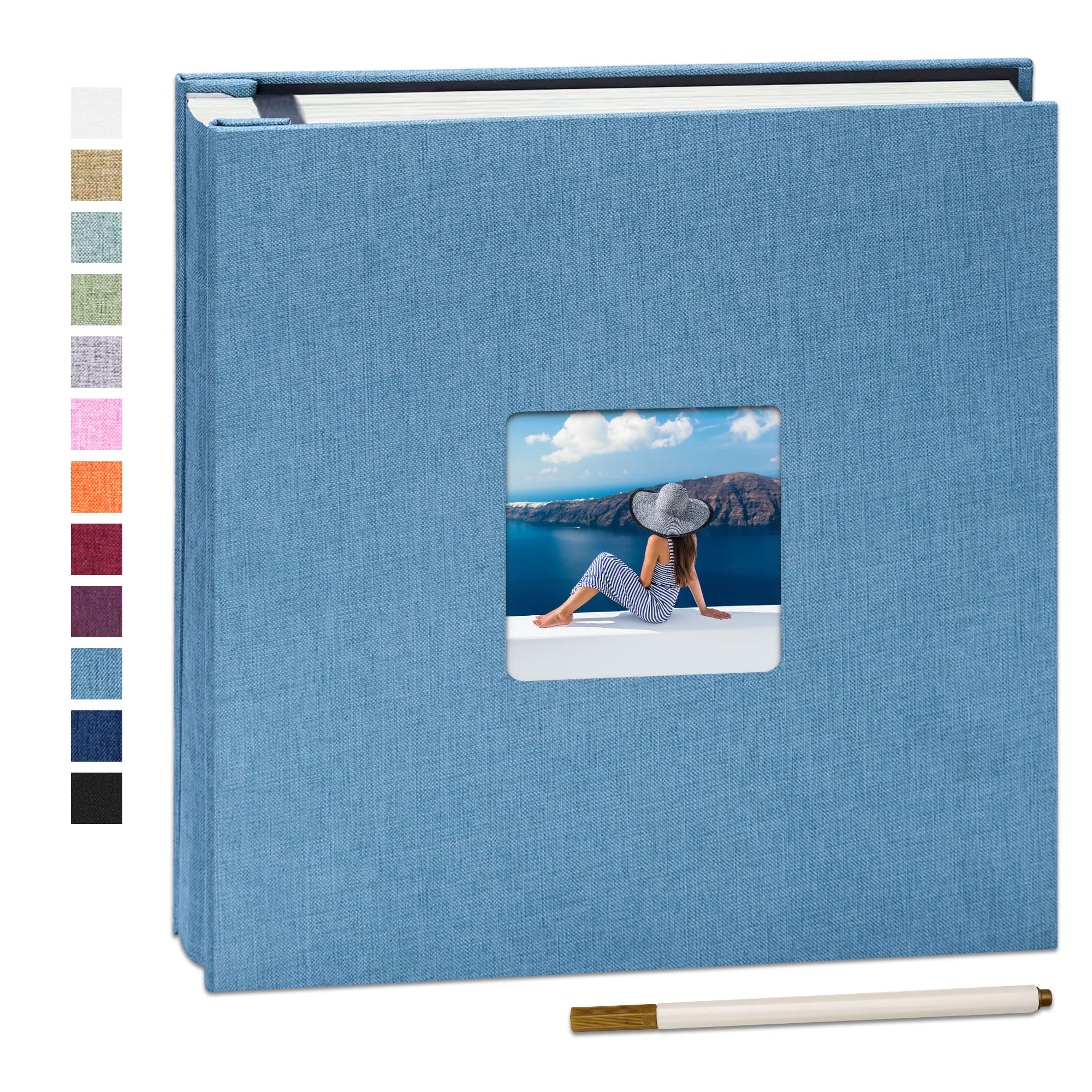 Yopih Self Adhesive Photo Album 33x32cm Fits 10x15 8x13 13x18 15x20 20x25 cm Photo Scrapbook with Window 40 Pages Linen Cover with A Metallic Pen DIY Memory Book for Baby Wedding Family Skyblue