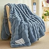 XINIUSLEEP Thick Bubble Faux Fur Heated Blanket Electric Blanket 50"x60", Soft Faux Rabbit Fur with Remote Controller, Overheat Protection, 12 Time Settings, 5 Heating Level, Machine Washable (Blue)