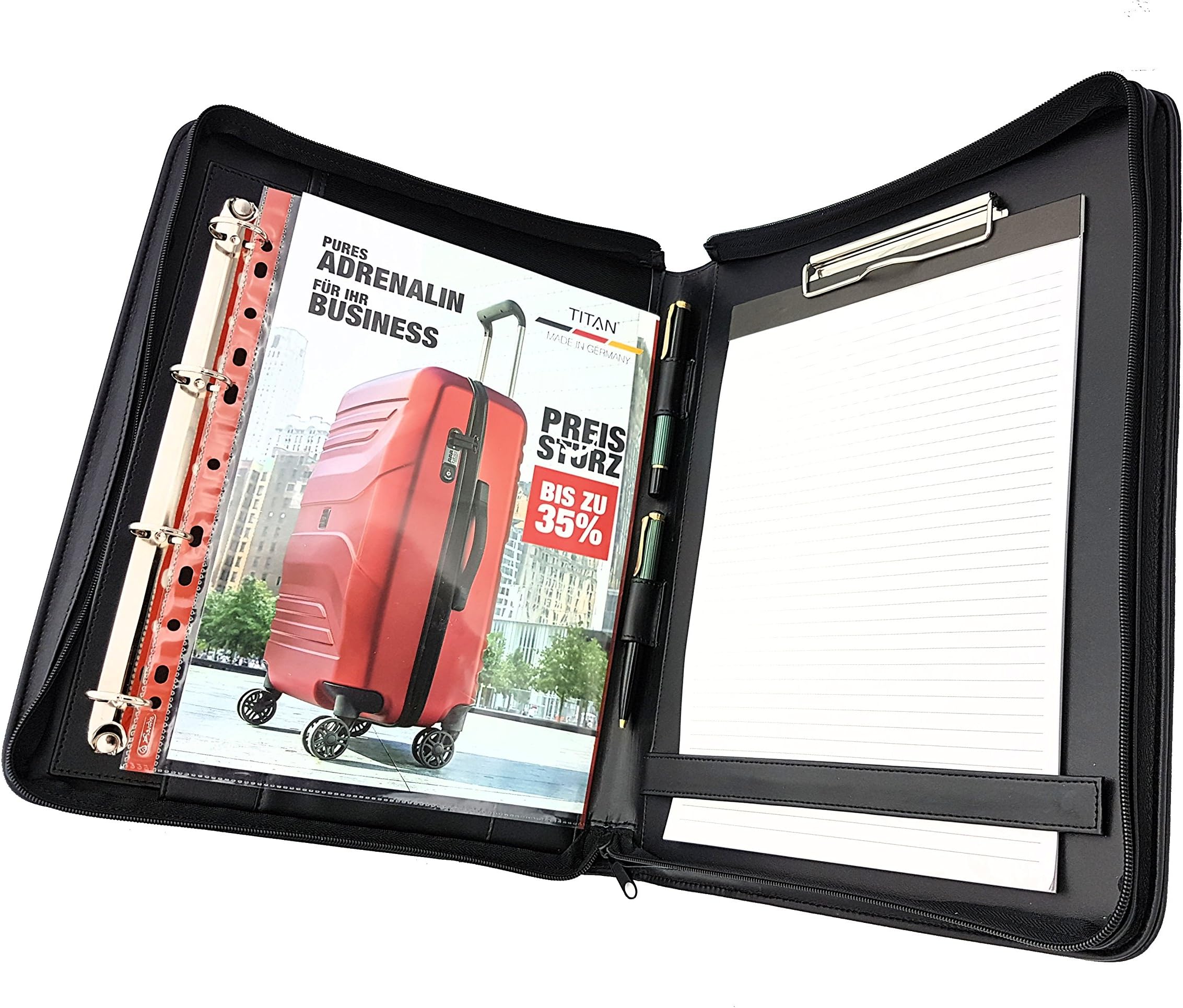 GENUINE LEATHER RING BINDER Portfolio with Removable 25 mm Clamping Bar Mechanism – Zip Around Conference Folder with A4 Notepad