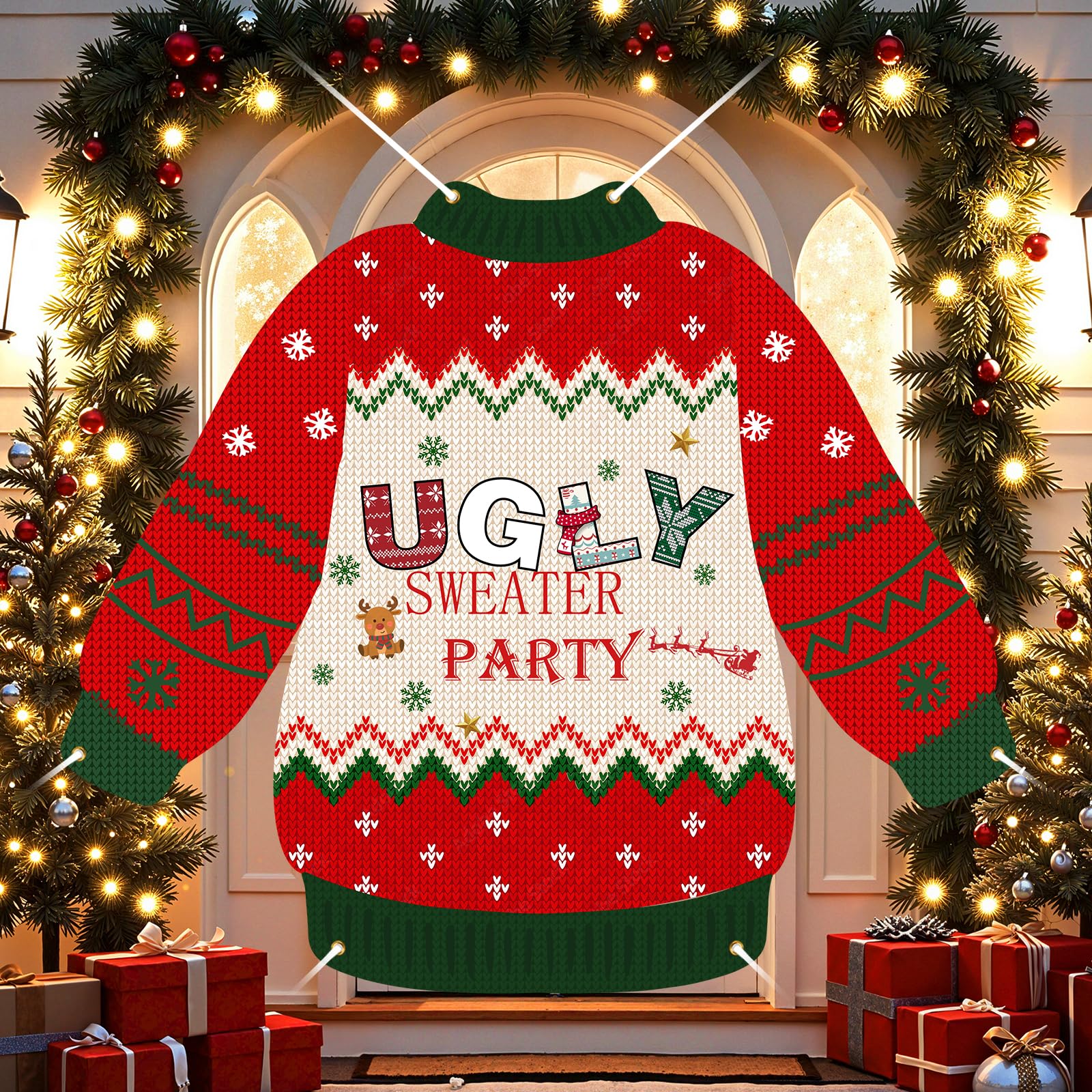 Photo 1 of Ugly Sweater Party Decorations Ugly Christmas Sweater Door Cover Banner Large Ugly Sweater Banner Backdrop Christmas Xmas Backdrop for Porch Door Wall Holiday Decorations Supplies Red Green