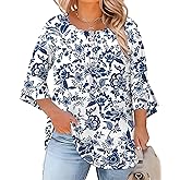 Rapbin Plus Size Tops for Women 3/4 Ruffle Sleeve Crew Neck Button Down Pleated Blouses Casual Fashion Tunic (1X-5X)