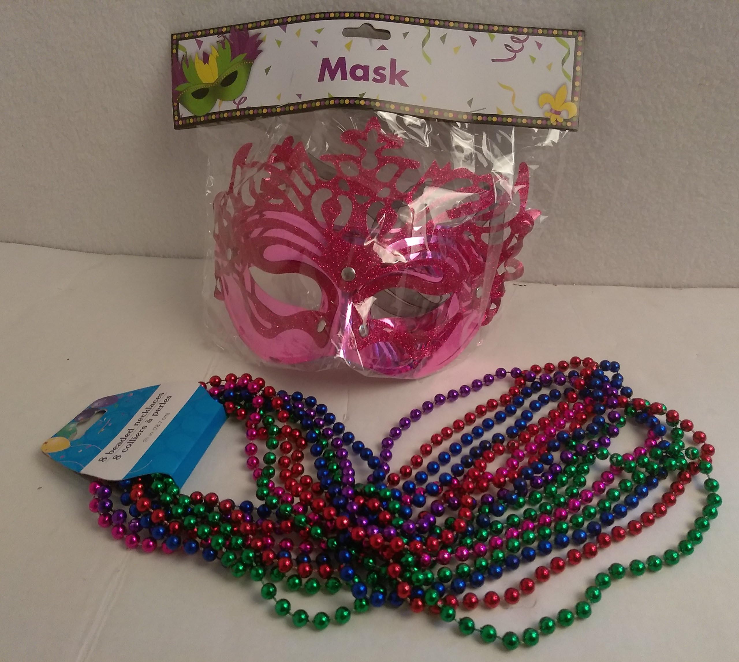 Masquerade Mardi Gras Party Mask Metallic Mardi Gras Beads Beaded Necklace Purple Gold Green Blue Set PINK