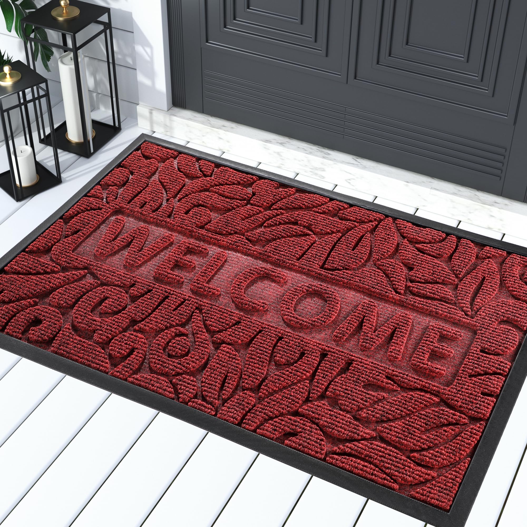 Photo 1 of Yimobra Welcome Mat Outdoor, 36x24 Waterproof Large Door Mat Outside Entrance, All-Weather Non Slip Front Door Mat, Low-Profile Entryway Mat Indoor, Porch and Patio, Wine Red
