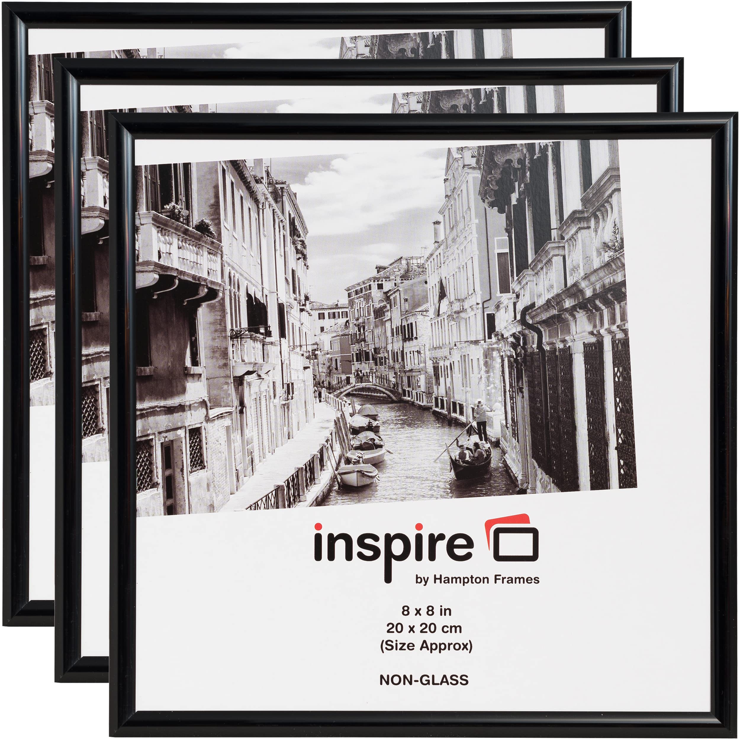 Hampton Frames | Backloader Picture Frame Set, 8x8in (20x20cm), Black, Acrylic Front, 3 Pack | Easy Photo Display, Lightweight, Wall or Tabletop Use