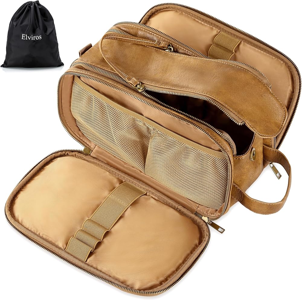 Elviros Water-Resistant PU Leather Toiletry Bag Large Travel Shaving Kit Toffee