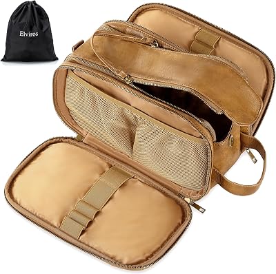 Elviros Water-Resistant PU Leather Toiletry Bag Large Travel Shaving Kit Toffee