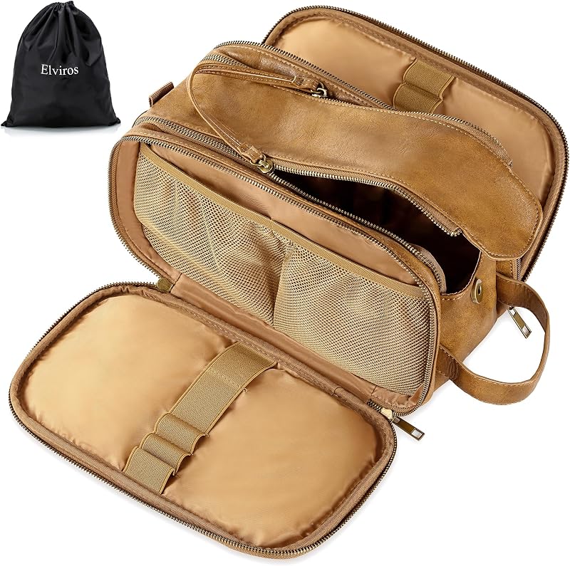 Elviros Water-Resistant PU Leather Toiletry Bag Large Travel Shaving Kit Toffee