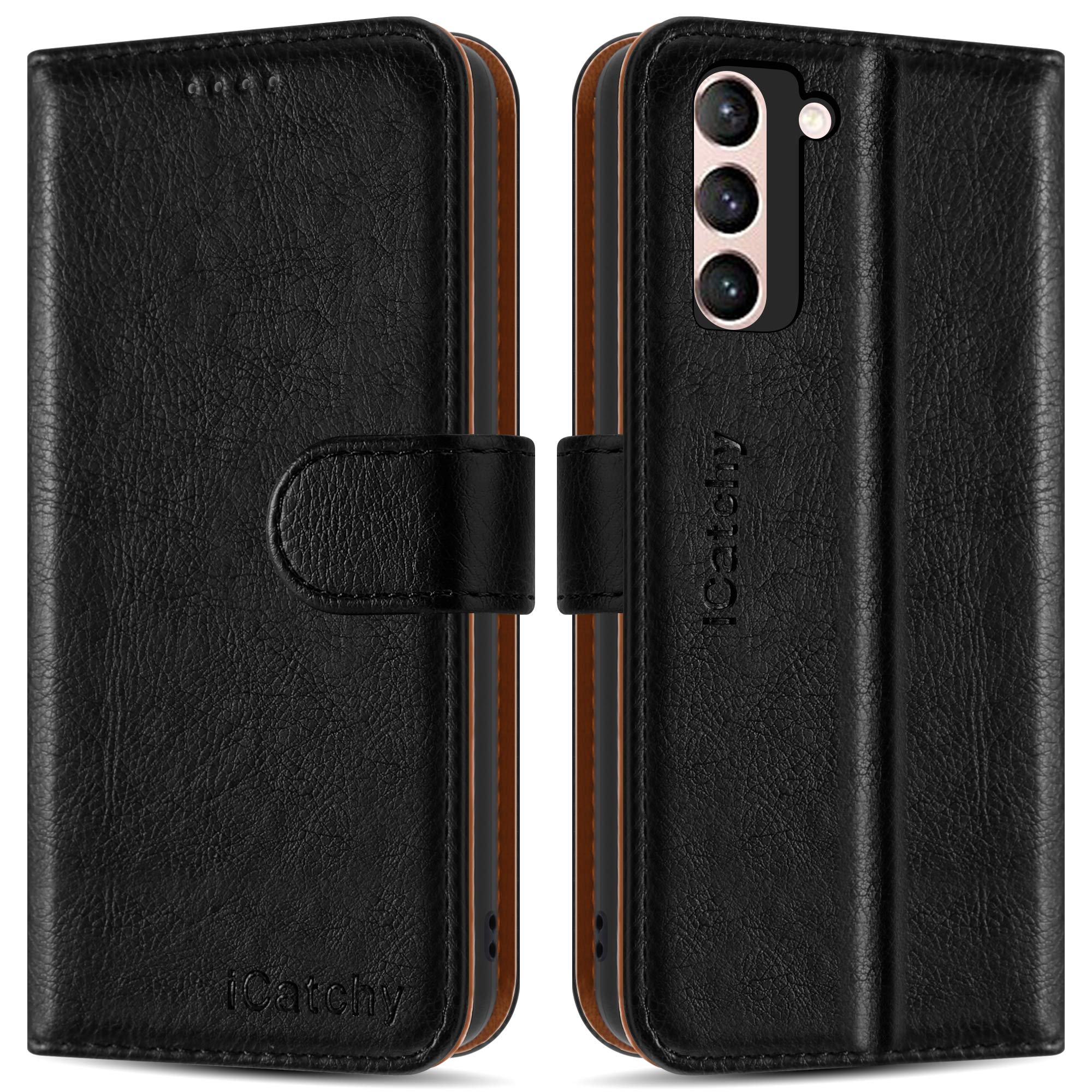 iCatchy for Samsung Galaxy S21 Case Leather Wallet Flip Stand View Cover with Card Slots Compatible with Galaxy S21 (6.2'') Phone Cover (Black)