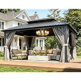Aoxun 12X16Ft Hardtop Gazebo Metal Gazebo with Galvanized Steel Double Roof | Outdoor Pergola Permanent Pavilion with Breathable Netting,Curtains Mosquito Screens for Backyard,Patio,Lawn,Deck,Grey