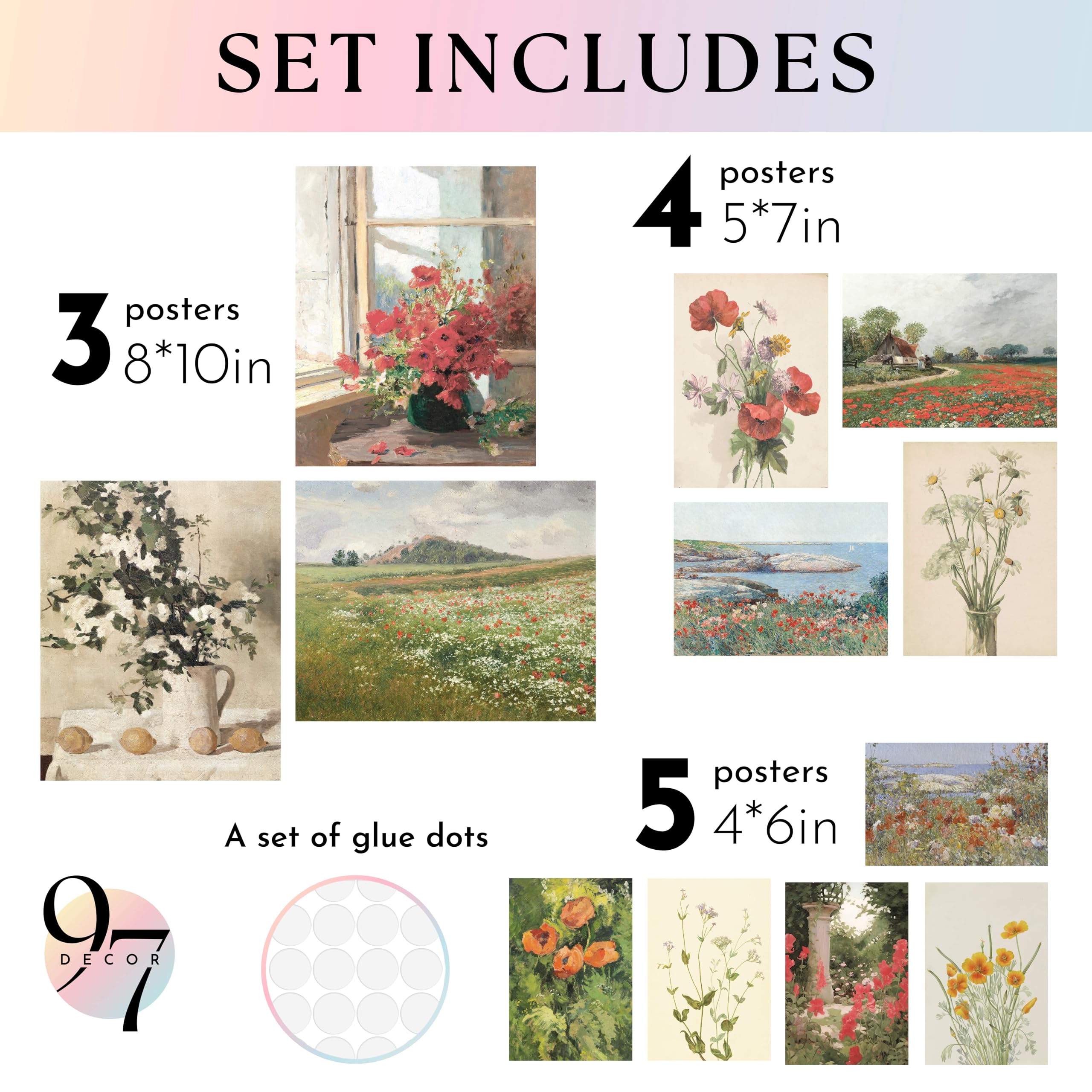 97 Decor Floral Wall Art - Vintage Floral Prints for Wall Decor, Flower Poster for Room Aesthetic Vintage Prints, French Garden Painting Spring Landscape Botanical Art Wildflower Decorations (8x10 Unframed)