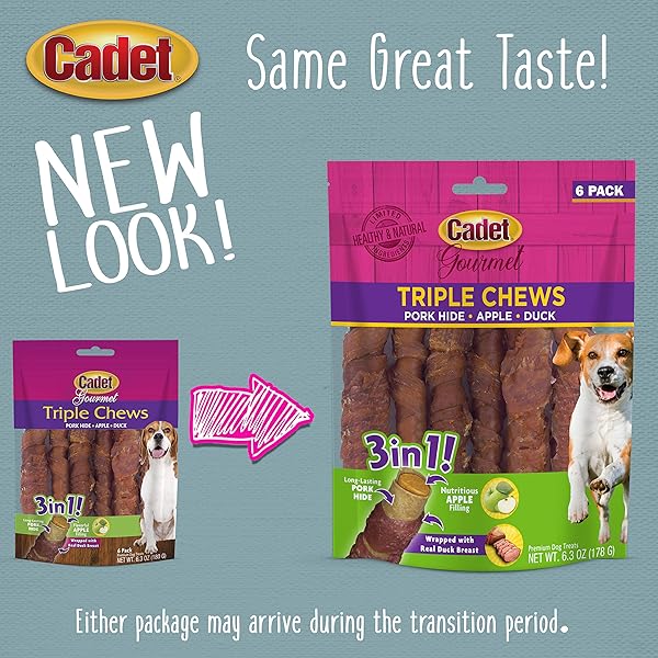 CADET GOURMET TRIPLE CHEWS LONG-LASTING PORK HIDE STICKS WITH APPLE AND DUCK, HEALTHY DOG TREATS FOR SMALL & LARGE DOGS, 6 COUNT