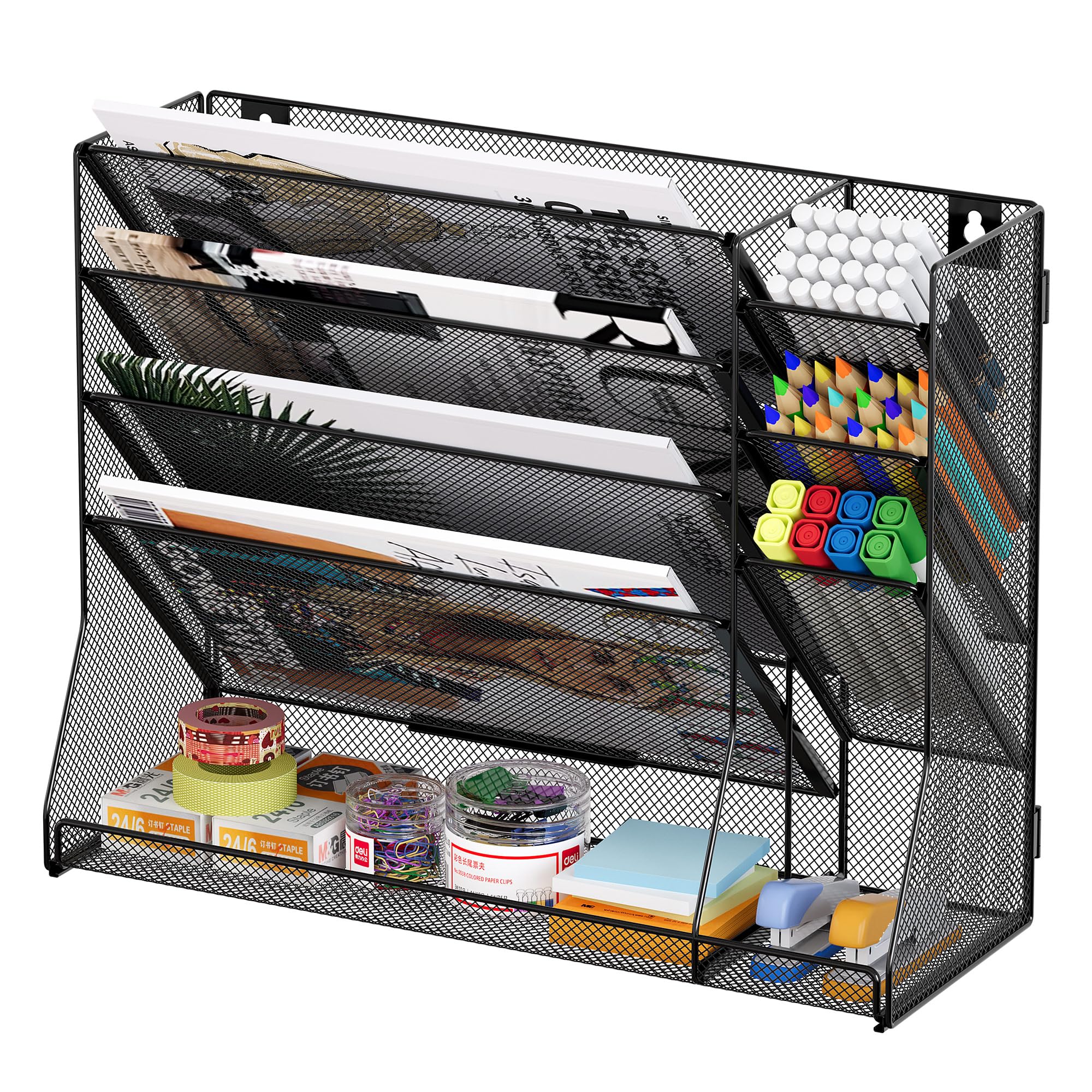TQVAI 5 Tier Wall File Organiser with 3 Slots Pen Holder Stationary Organiser A4 Paper Document Storage Mesh Desk Tidy Supplies in Tray for Office Home School, Black