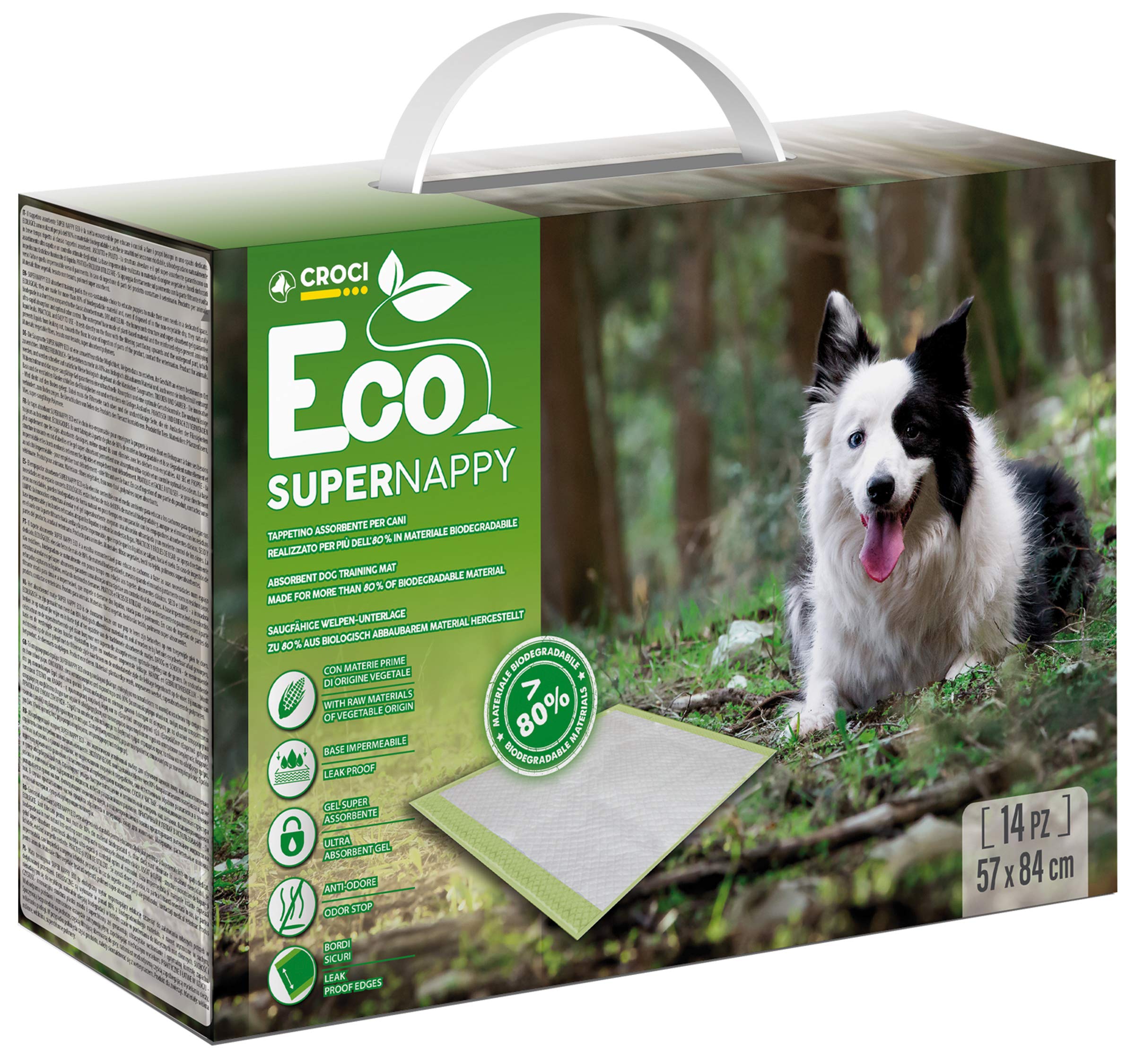 Croci Super Nappy Eco - Hygienic mats for dogs, eco-sustainable, 84x57 cm - 14 pcs, super absorbent pads for dogs and pets, for dog and cat pee, Anti-trapping, Anti-odour