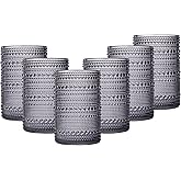 JOVGANK Grey Vintage Hobnail Drinking Glasses Set of 6, Embossed Water Tumbler 15oz, Kitchen & Bar Beaded Highball Glasses, Beverage Glass Cups for Water, Beer, Juice, New Year gifts