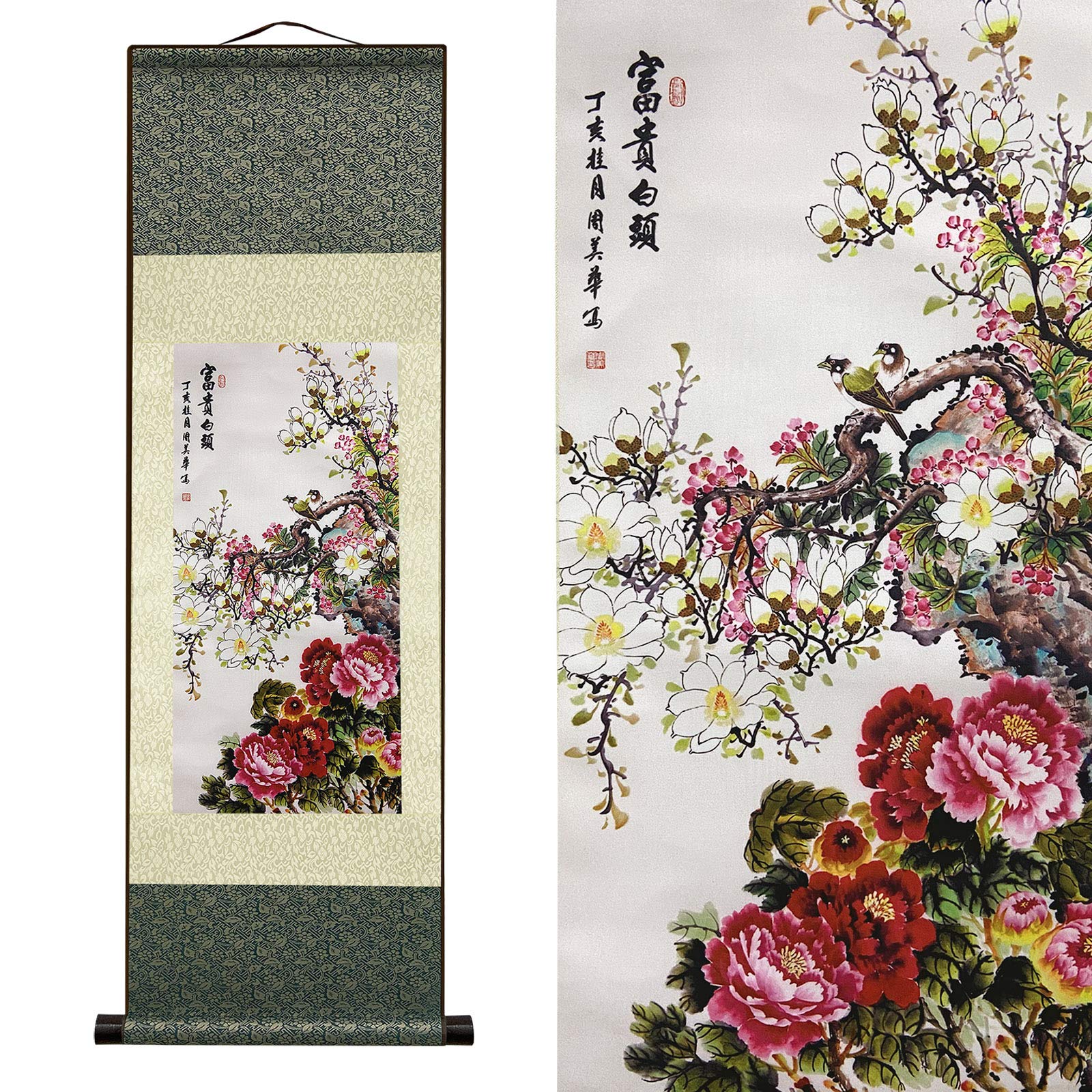 AtfArtAsian Wall Decor Beautiful Silk Scroll Painting Flowers - Rich and noble - Rich White Head Oriental Decor Chinese Art Wall Scroll Wall Hanging Painting Scroll (36.2x 12 in)