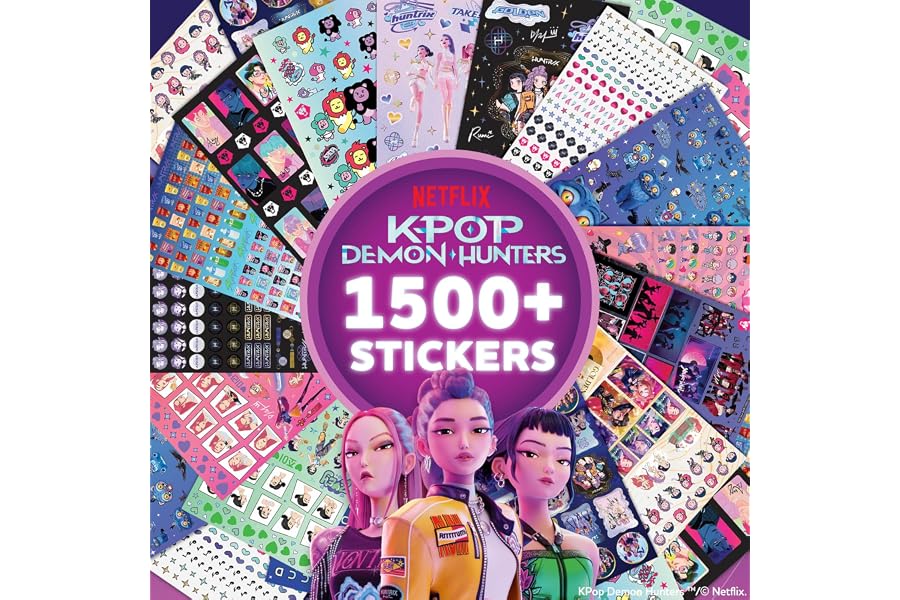 Netflix Kpop Demon Hunters Sticker Sheets Pack 1500+ Stickers for Kids, 20 Sheets with Letters, Characters & Scenes, Kawaii Stickers in Resealable Bag for Scrapbooking, Planners, Gifts for Girls