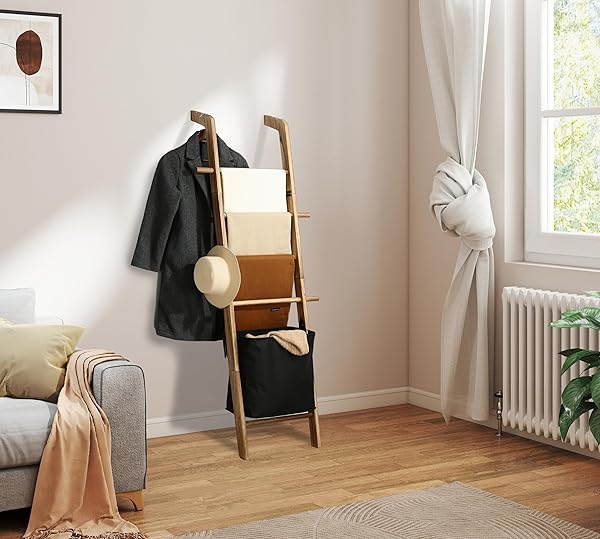TAOZUN 67-INCH TOWEL LADDER WITH BASKET FOR BATHROOM STORAGE, RUSTIC WOODEN BLANKET LADDER WITH HOOKS FOR FARMHOUSE DISPLAY, WALL LEANING TOWEL LADDER WITH LAUNDRY BASKET ORGANIZER