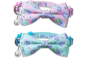 MIIEMIU 2 Pack Hydrangea Floral Cat Collar with Bow Tie, Spring/Summer Floral Butterfly Collar for Boys and Girls Kitties and Kittens
