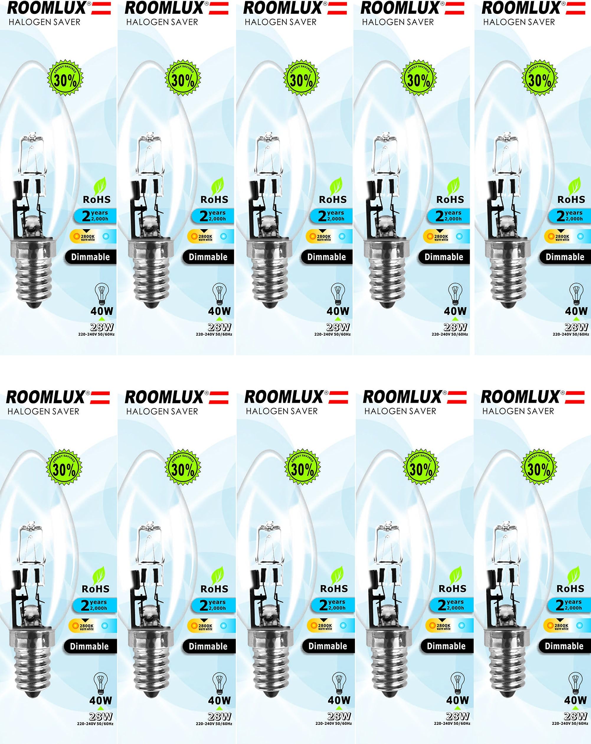10pcs x Room Lux Eco Halogen Light Bulb E14 28 W Candle Clear Bulb Dimmable [Energy Class D]