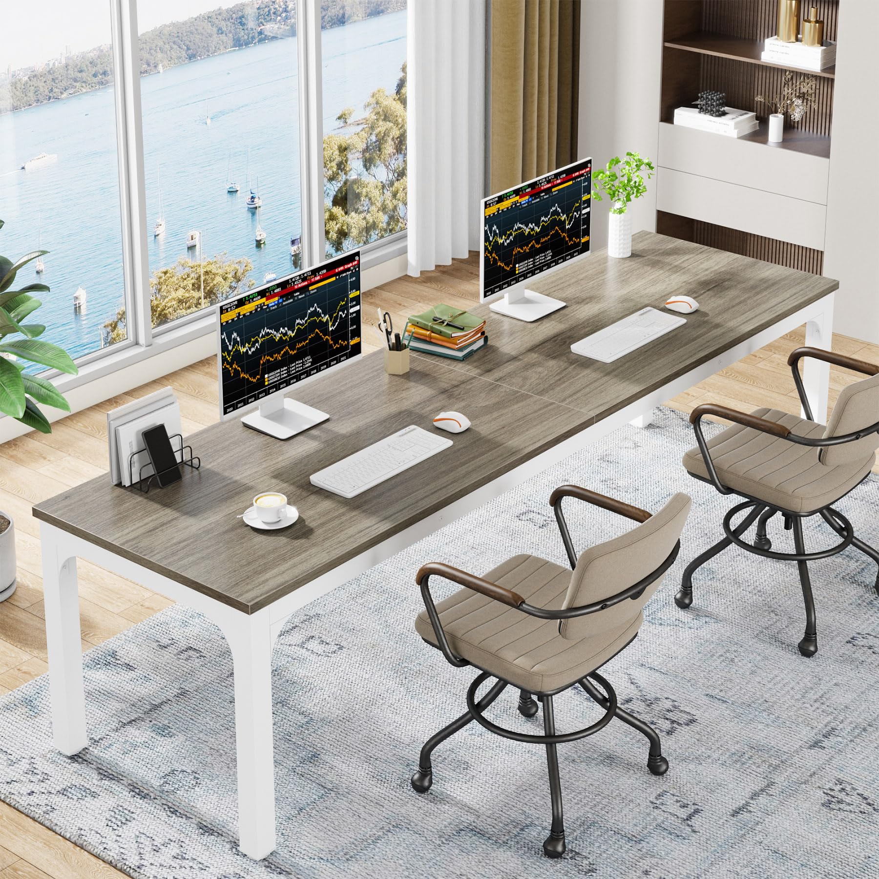 Tribesigns 78.7 Inches Extra Long Computer Desk 2 Person Desk, Double Long Desk, Workstaion for Home Office, Oak+White Image