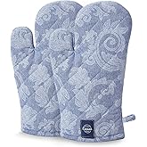 Encasa XO Oven Gloves Heat Resistant | Microwave Cooking Mittens for Baking & Kitchen Use | 12x7 in | Cotton Utensil Holder - Chambray Fabric (Pack of 2, Blue)