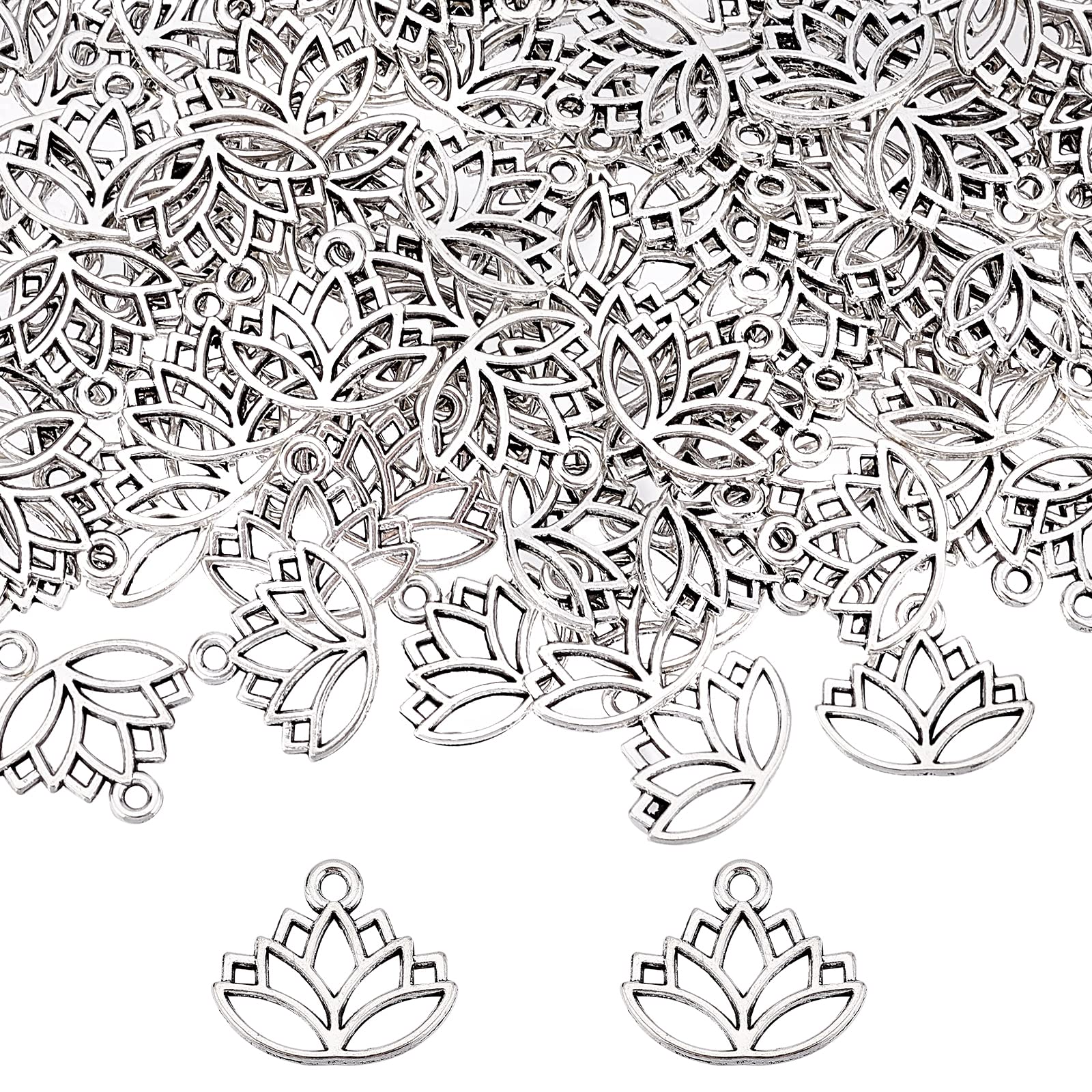SUNNYCLUE 1 Box 100Pcs Tibetan Style Alloy Lotus Flower Pendants Bulk Silver Lotus Flower Charm For Jewellry Making Charms Earrings Necklace Bracelets Acceossories DIY Crafts Finding Supplies