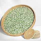 Round Rattan Tray with Mother of Pearl Inlay, 13.8in Decorative Wicker Serving Tray with Wooden Base, Includes 6 Matching Rattan Coasters, for Coffee Bread Fruits Table Decor, Green Leaf