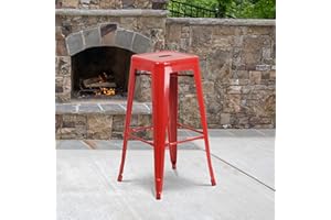 EMMA + OLIVER Commercial Grade 30" H Backless Red Metal Indoor-Outdoor Barstool, Square