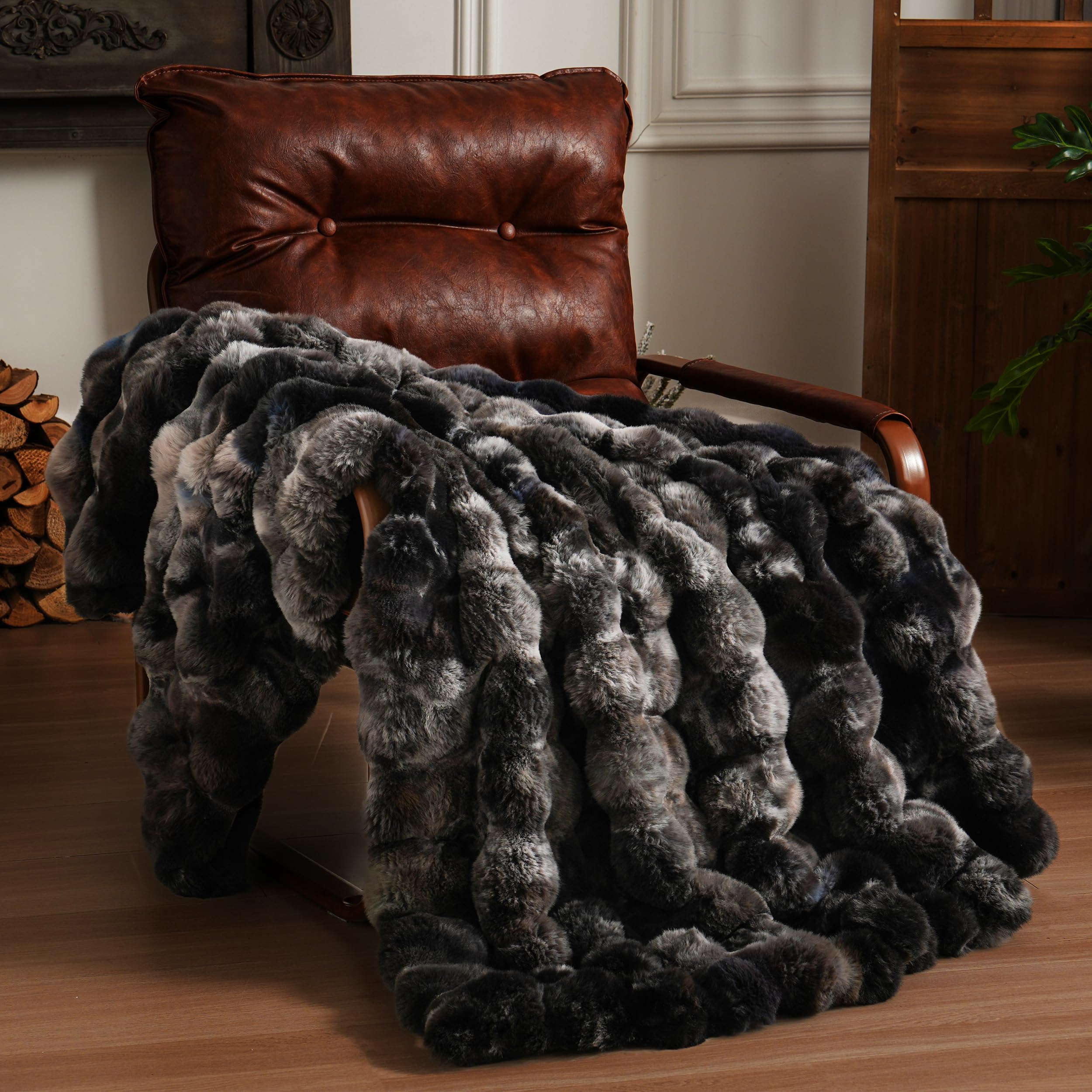 Photo 1 of BENVWE Fluffy Faux Fur Throw Blanket for Couch, Soft Plush Thick Cozy Fuzzy Luxury Minky Bubble Blanket for Home Living Room Decor Gift for Women, Tie-dye Grey, 50" x 60", 1100GSM