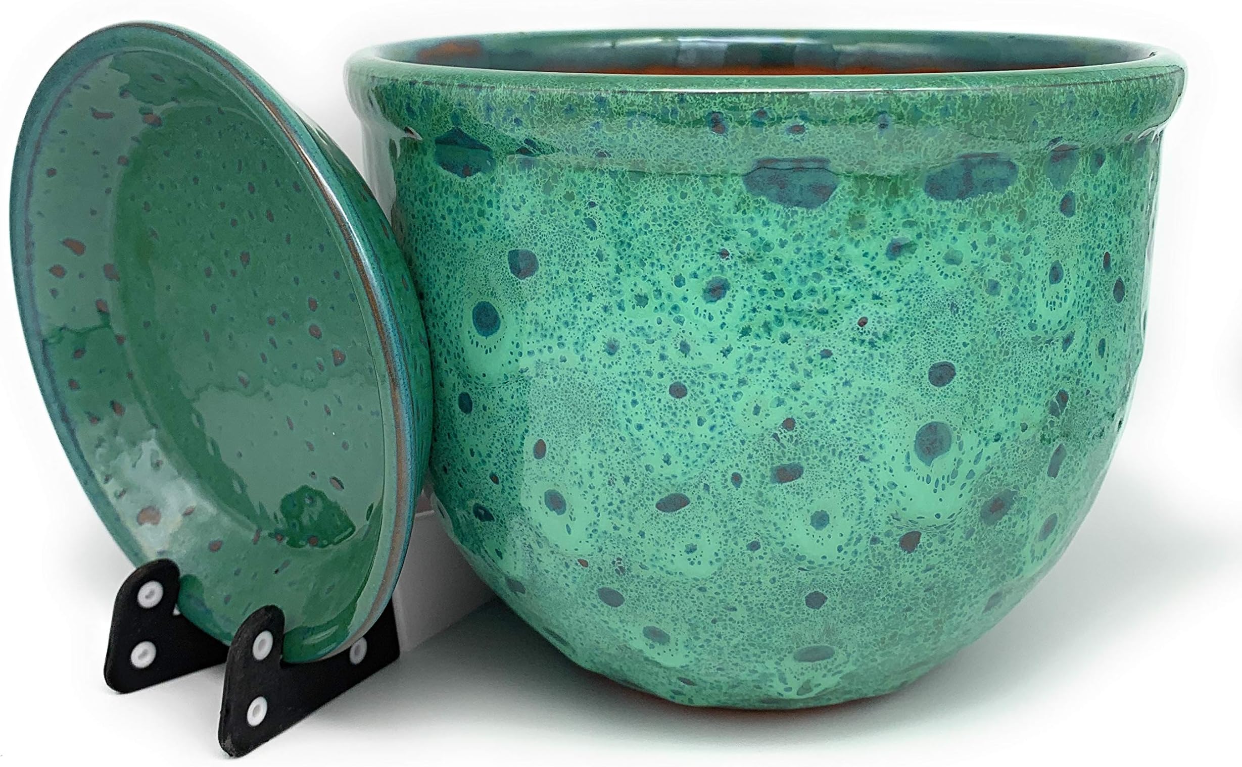 Sun Cakes Ceramic Plant Pot Glazed with Saucer Round Terracotta with Drip Tray Flower Pot Clay Coloured Flower Pot Sea Foam (16cm x12cm, Green)