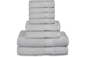 GLAMBURG Ultra Soft 8 Piece Towel Set - 100% Pure Ring Spun Cotton, Contains 2 Oversized Bath Towels 27x54, 2 Hand Towels 16x28, 4 Wash Cloths 13x13 - Ideal for Everyday use, Hotel & Spa - Light Grey