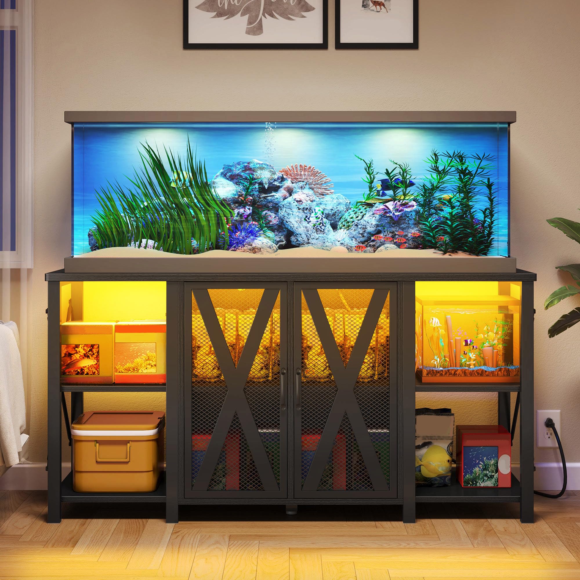 Photo 1 of DWVO Reptile Tank Stand Aquarium Stand with Power Outlet & LED Light, 75/90/120 Gallon Terrarium Stand Cabinet - Heavy Duty Fish Tank Stand for Turtle Tank, Reptile Terrarium, 2000LBS Capacity, Black