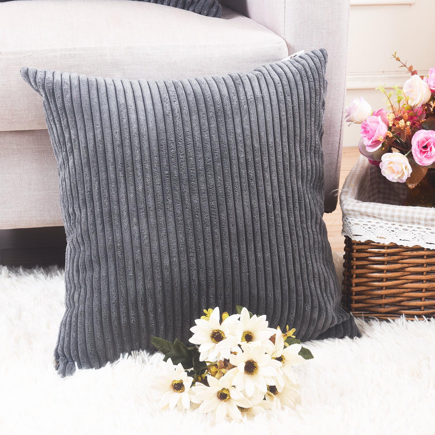 Home Brilliant Decor Soft Decorative Striped Corduroy Velvet Square Throw Pillow Sofa Cushion Covers for Couch 45 x 45 cm - Image 3