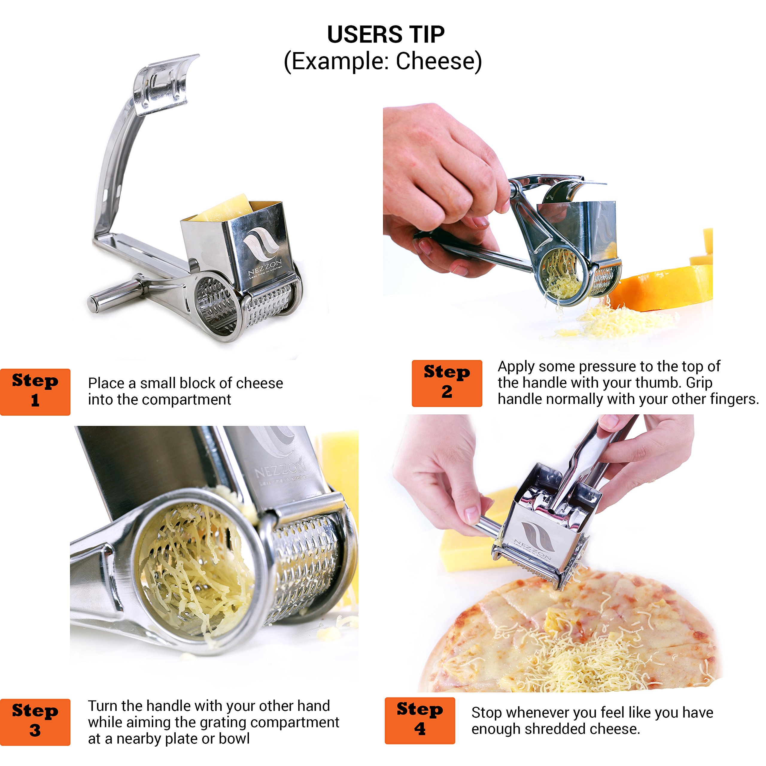 Rotary Cheese Grater Slicer Shredder with 3 Stainless Steel Drums for Soft and Hard Cheese, Chocolate, Nuts, Vegetables, Fruits. With a FREE 101 Tips and Techniques for Cooking Like a Chef E-book