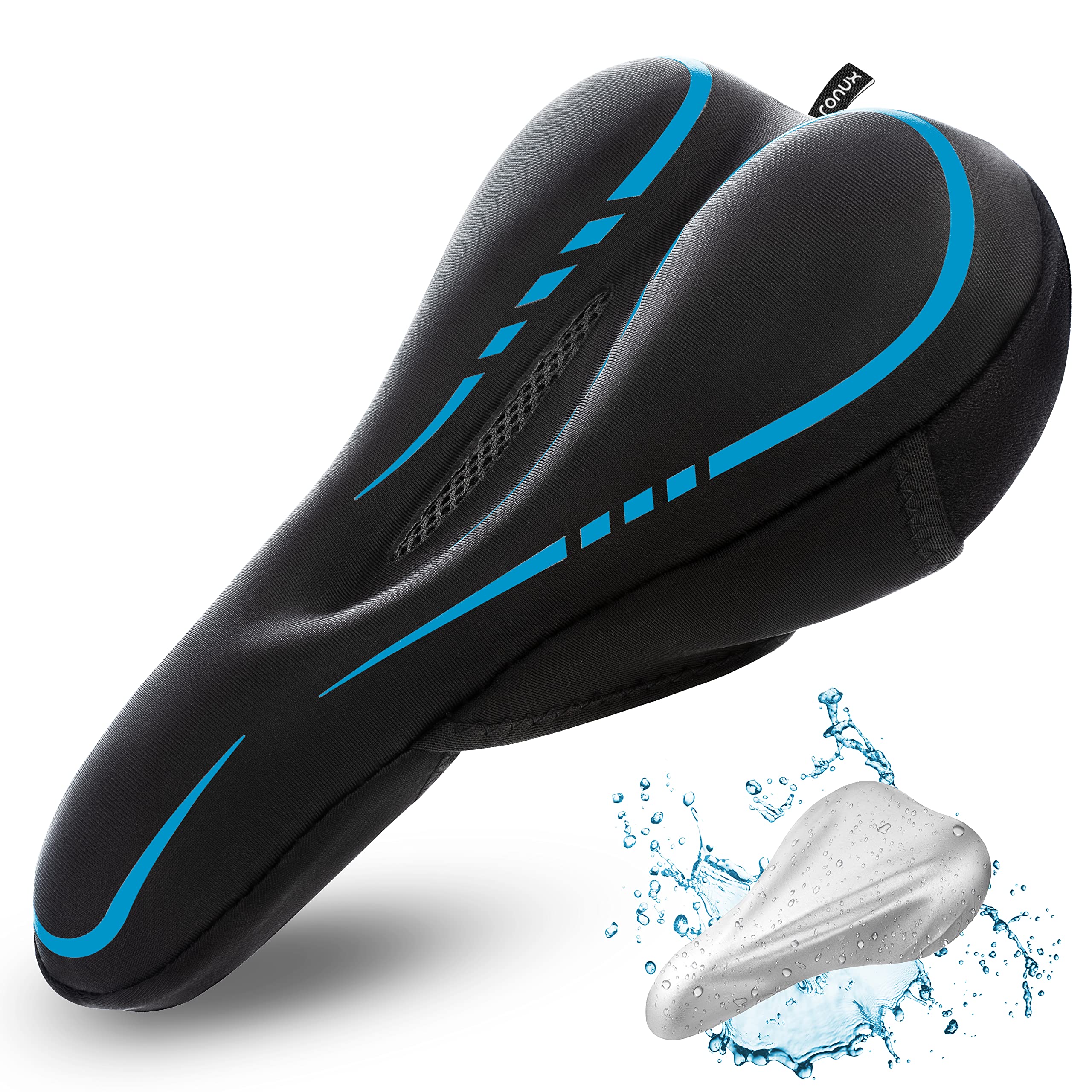 ronux Narrow Bike Seat Cushion, Memory Foam & Gel Extra Comfort Pad Bicycle Saddle Cushions, Exercise Road Peloton Mountain Bikes Comfy Cycling Accessories, Women Men, Waterproof Rain Cover -Blue